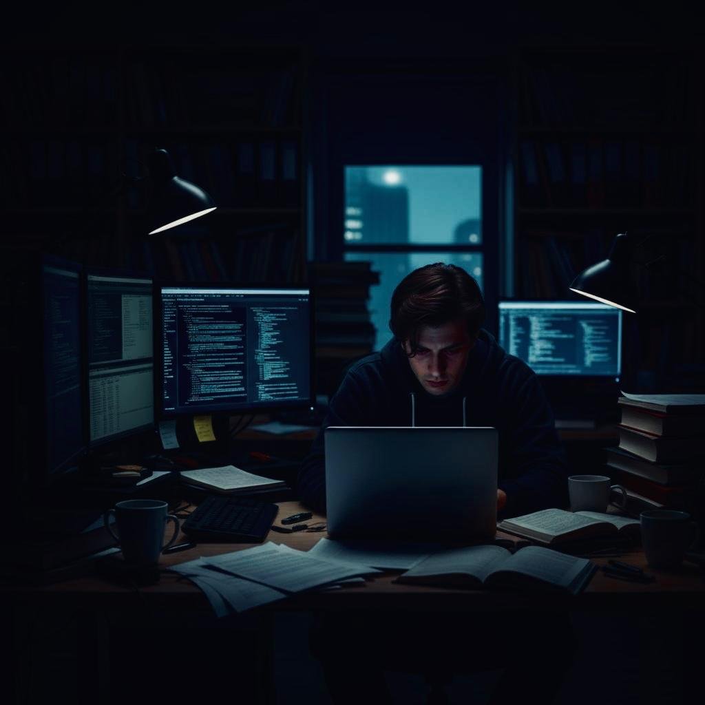 Person working at desk surrounded by PC screens and books